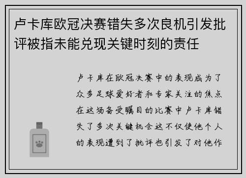 卢卡库欧冠决赛错失多次良机引发批评被指未能兑现关键时刻的责任